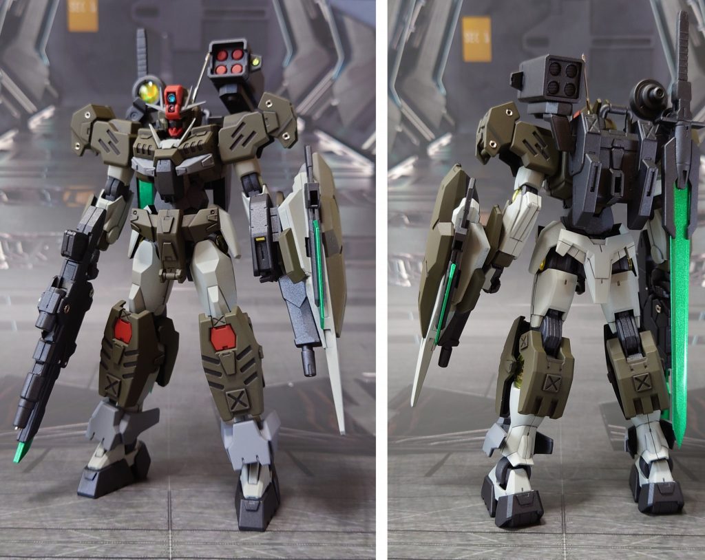 コマンドクアンタのキット通りの装備で前後ろ。ディティールアップパーツは、仮組みも無しにパーツ毎の思い付きで貼り付けたため、全体のバランスを見るとイマイチな部分があるかもしれませんが、自己満足感は充分。手首はお馴染み、HGUCジム系の手首一式を流用。■塗装工程緑:黒サフ→オリーブドラブ→つや消し薄グレー:黒サフ→ガルグレー→つや消しグレー:黒サフ→ニュートラルグレー→つや消し関節等濃グレー:黒サフ→MS連邦グレー→つや消し黒:黒サフ→メタリックブラック→つや消し赤:ダルレッド→つや消しポリキャップ:PPプライマー→MS連邦グレー→つや消しソード・ナイフ・マシンガンのメタリックグリーン:ダークブルー→メタルシルバー→メタリックグリーン→光沢GNビームピストルⅡ:黒サフ→メタリックブラック→(マスキング)→メタリックグリーン→つや消し30MMガトリングユニット:黒サフ→ガンメタル→つや消しガトリングガン弾帯:PPプライマー→黒サフ→シルバーリーフ→つや消し墨入れ:ガンダムマーカーの墨入れ細ペンとリアルタッチマーカーを使用(各パーツのつや消し前に実施)GNコンデンサ、センサー類、その他:付属シール、市販のシール素材
