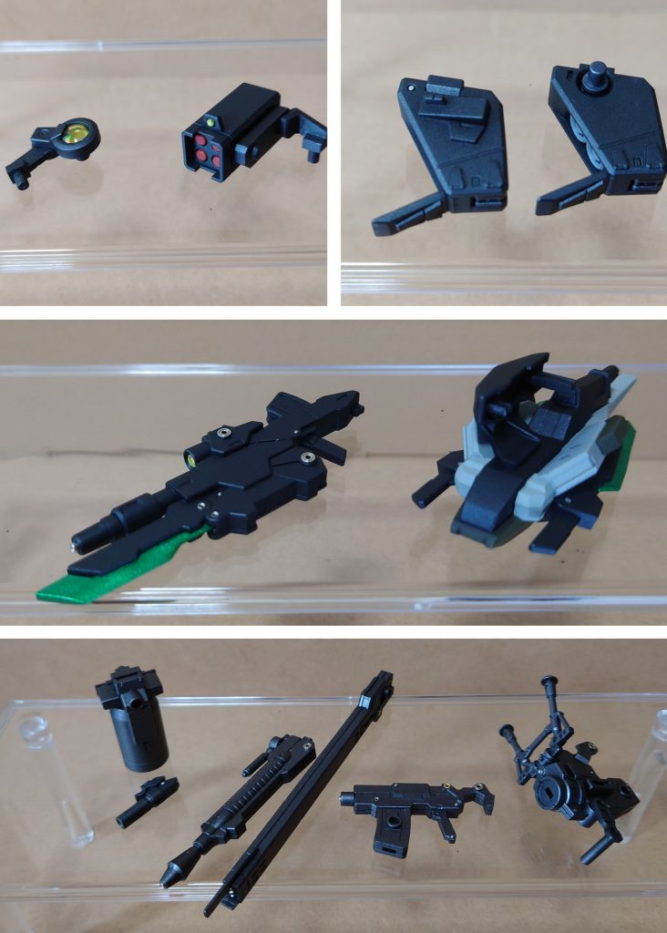 ディティールアップ箇所その3。センサーとミサイルポッドの接続アームの肉抜き穴埋め&プラパーツによる穴隠し、30MMのガトリングユニットにも金属パーツ埋め込みを実施しました。