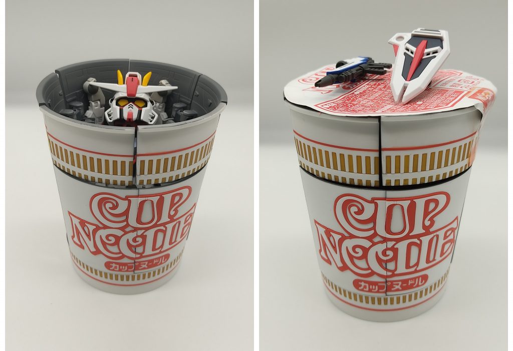 頭部を後方に倒し、パーツを前方で合わせ、変形用パーツ（フタ）を取り付け変形完了です。