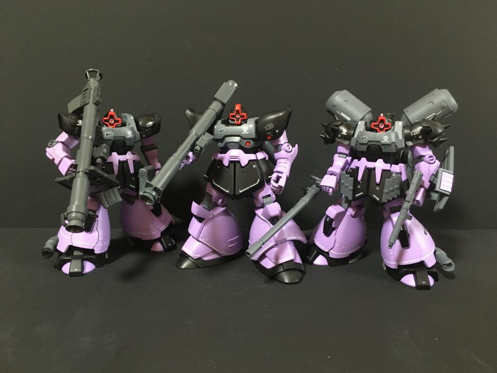 OVA系黒い３連星専用ドムのスリーショットです。ドムトローペン強襲型（マッシュ機）https://gumpla.jp/hg/1091062リックドム２（ガイア機）https://gumpla.jp/hg/1094908ドムトローペン（オルテガ機）https://gumpla.jp/hg/1091068