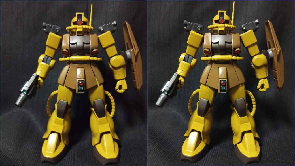 組んでみて若干ガニ股度が過ぎるなと感じたので股関節ポリキャップ根元を1〜2ミリ程度カットし脚付け根を中央寄りにスライドできるようにしました(左が施工前、右が施工後なんですがあんまり分かりにくい気も…)