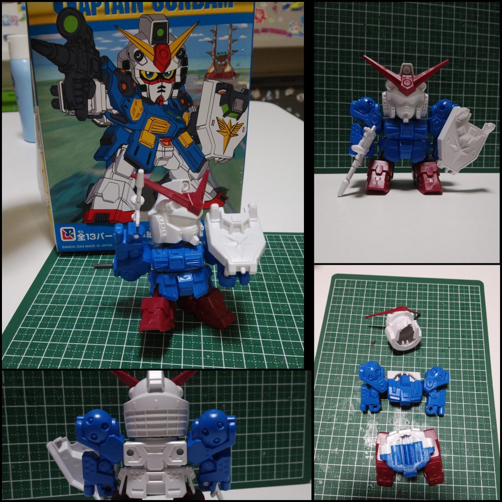 本体可動化の工作中。首と胴体を切断して軸回転出来るようにしてます。キットのパーツ数はなんと13個……少なっ!