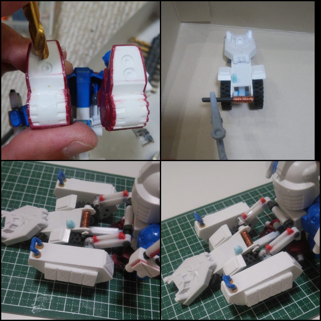 足裏やフロントのウインチ工作中。足裏のスラスターは5mmドリルで彫りました。これで二重の溝が出来ちゃいます。ワイヤー部分はLANケーブルの銅線を剝いてランナーに巻きつけてます。