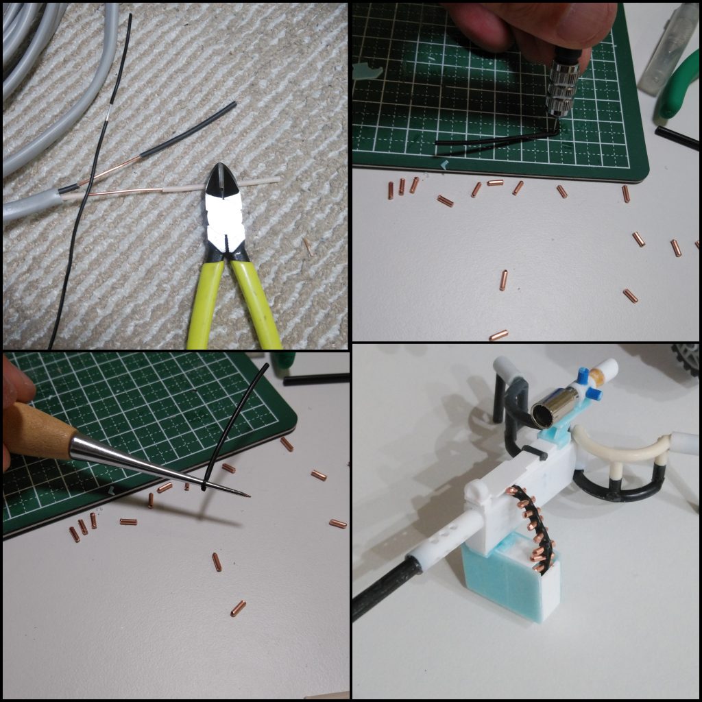 弾帯製作中……針金のビニル被覆にVVF16の電源ケーブルの銅線をカットして組み合わせて製作してみました。ビニル被覆が思ってたよりもろく、なんどもやり直しました……ちなみにスコープの金属部分は、自転車用のワイヤーの末端金具です。セリアのジェルシールをはめこんでます。