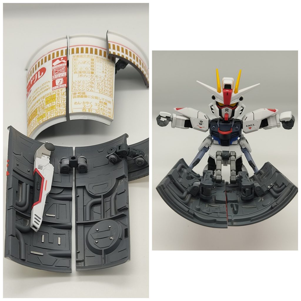 翼を外し、左の写真のように変形させます。本体は上半身を180°回転させ、腰のパーツを合わせます。