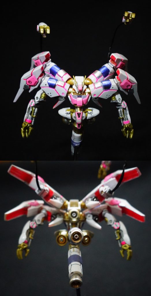 技A「くだらん⇒くあだらん　クアッド・バイアランでクアダラン、これで行こう」ということでニコイチ魔改造。「”ジオンの魂を表しているようだ”とガトー少佐にも喜ばれたノイエ・ジールのようにしてみるか。ならば、クアダラン・ジールだ」ハマーンがいつ乗る気になってもいいように、カラーリングもハマーン専用カラーとしておいた。宇宙空間での使用が前提なので足はブースターに換装。腕とスラスターユニットは４セットとし、うち２ユニットはジオングやノイエ・ジールのような有線遠隔コントロールユニットとした。４つのユニットはラプラス事変のときのクシャトリアの４枚羽デザインに引き継がれたようである。