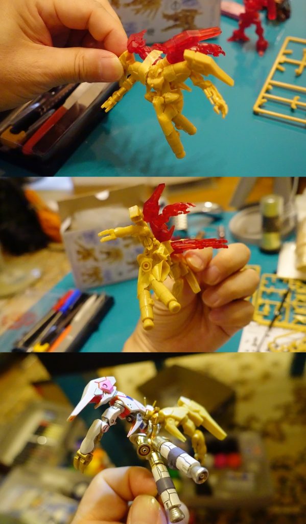 【ウラバナシ】バイアラン・カスタムはすでに１体作っている中に、家族から誕生日にセットでプレゼントされた１ｓｔのＢＯＸの中には２体のバイアラン・カスタムが。１体はレアカラーのクリアレッドだったが、そのまま作ってもつまらんし、なんか改造できないかな。