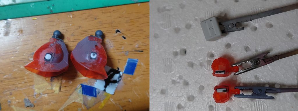 とりあえず足のパイプを削り落としミサイル接続用の穴を埋め左肩の肉抜き穴と拳の外側の穴を埋めました