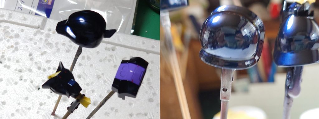 最後に本塗装です、今回はガイアノーツのプリズムブルーブラックを使用しました一枚目はプリズムブルーブラックをただ吹いただけの写真です二枚目は一度クリアーを吹き中研ぎをして二回目のクリアーを吹いて乾燥させたときのものです