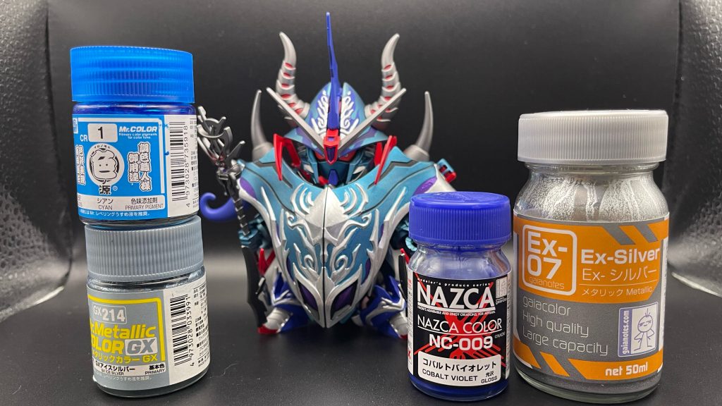 メインカラー(水色)は、アイスシルバーに色ノ源のシアンを少し足しています。紫ががった青には、コバルトバイオレットシルバー部にはEXシルバーを使用しています。