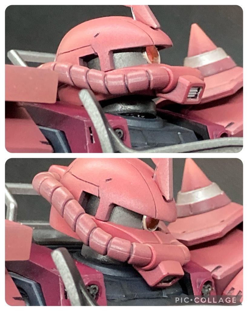 首の付け根を2mn上げ、首パーツを追加。見上げたり、見下ろしたりと表情をつけられるようにしました。モノアイはダイソーさんのカツラと偏光装飾テープ、Hアイズで作成。動力パイプのパーティングラインは…(~_~;)