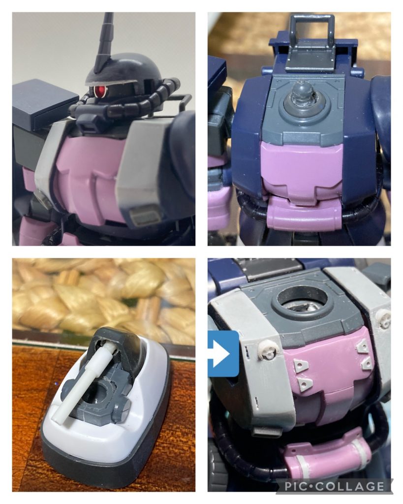 頭の日差しの先端を0.5mm厚くして、モノアイ上部を隠してチョイ悪顔に。胸ダクトは設定画よりも大型にして、排熱してるぞ！！感を強調しました。首パーツはコトブキヤさんの丸モールドパーツに穴を開けて被せてあります。足首のシリンダーはプラ棒とプラパイプでつくりましたが、あとで金属製に差し替え。胸のバルカンは1番の難所でした。1mm径丸プラ棒を3本束ねて接着、先端に0.6mmの穴を開け、胸パーツに穴を開けて差し込み。最後に3mmプラパイプで日差しをつけて完成。細かい作業でしんどかったです。