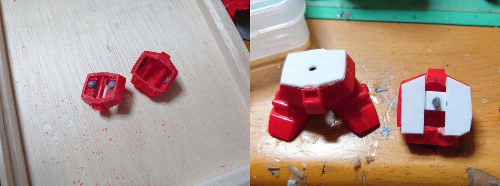 次は腰と胴体ですこちらは半分に分割してプラ板で蓋をします腰側の蓋裏にもKPSの端材仕込み軸受にしてあります