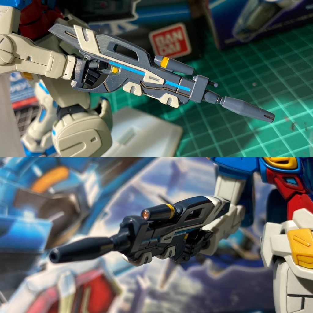 HGのビームライフルが一色成形のモナカ割りなのはさして珍しい話じゃあ無いんですが、このカラーリングは流石に鬼畜。塗り分けが苦行過ぎて、スコープのHアイズ改修は楽園のような作業でした笑