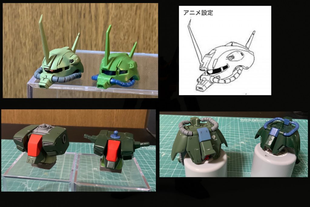 【頭部】設定を参考にノズルダクトとアンテナブレード延長、モノアイスリッドの位置変更とカメラの新設。パイプはF2型から。【胸部】3ブロックに分割後それぞれを幅増し、腕部接続はF2型の物を移植。中央コクピット部分は旧キットザクⅢから。【腰部】サイドアーマーとフロントアーマーそれぞれ元キットを延長・幅増し、中央ふんどしパーツはプラ板から新規造形。パイプはMGザクⅡのものを形状変更。