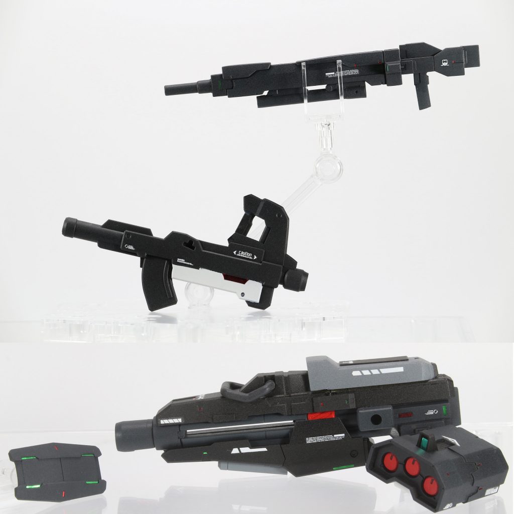 今回製作した武器です。ライフル(上画像)にはグレネードランチャーを搭載し、フィジカルバズーカは目立つ合わせ目だけプラ板を貼り消す加工をしています。バズーカ(下画像)はGNバズーカを前後逆にして、本来発射口であった部分に、切断したmk-Ⅱのバズーカを合わせて製作しました。ちなみに上部に付いているグレーのパーツと発射口のパーツはGNバズーカの切断したパーツを使っています(今作1番の力作です💪)。また全ての武器にメカニックぽさを表現するためラピテープを細かく貼っています。