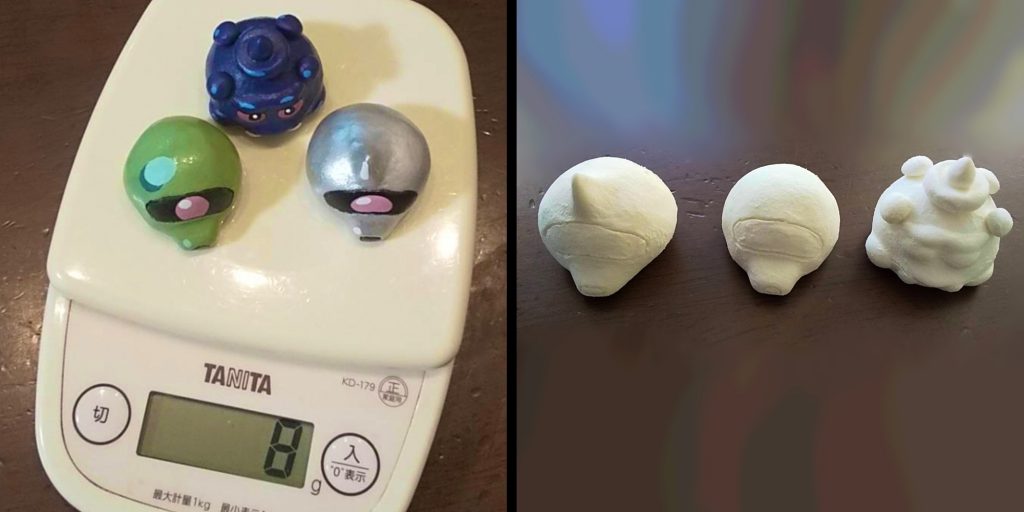 ●素材100均の「軽い紙粘土」で作ったよ！体重は３体合わせて８gだ！
