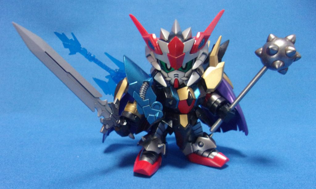 ハンマーです。ゲームボーイの「新SDガンダム外伝 ナイトガンダム物語」というゼロガンダムが主人公のゼルダライクゲームに出てくるキーアイテムです。フィールドの岩を砕いたり、ダンジョンの壁を壊したりして道を拓く他に、武器としても使えるので剣を封じてくるバットキュベレイ(?)相手に役立ちます。旧武器セットのガンダムハンマーを使って作りました。