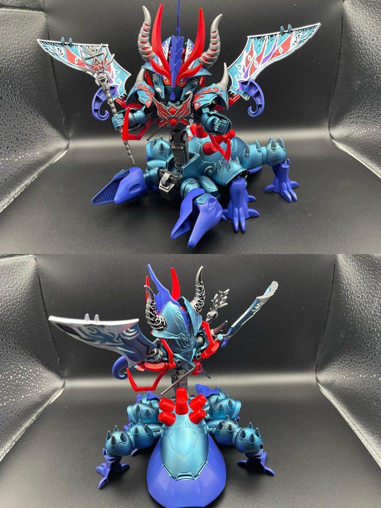 デビル化形態おまけで付け加えた要素待望の再販のあったデビルガンダムを使ってみたくて😅色も悪のスペリオルドラゴンっぽさもありますしヒーローズ系の腰のパーツをデビルガンダム側に付けたので、創傑伝やヒーローズ系のキットの上半身を取付可能