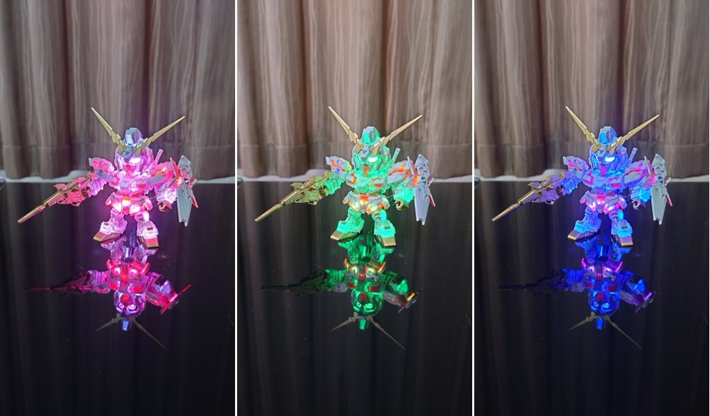 左から白、緑、青で発光させるとこのようになります。クリアパーツが赤なので、赤発光がベストな組み合わせですね。WS2812Bはmicro:bit等でプログラミングすれば、1LED毎に発光色や輝度を細かく制御できるので、時間ができたらチャレンジしてみようかなと考えています。