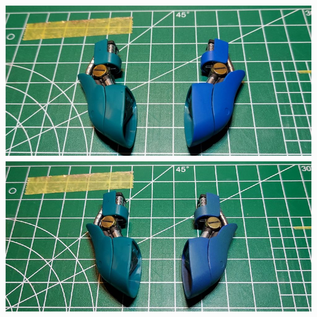 左側は塗装前ガンダムブルーに、ザクライトグリーン