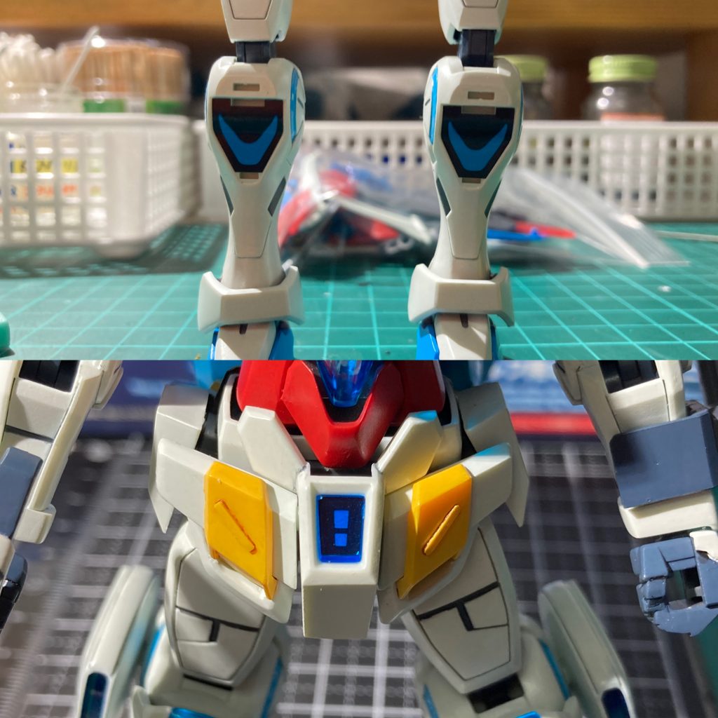 元々は私、敬虔な「滅多なことが無い限りホイルシール使わない教」の教徒なのですが、今回は滅多な場面に出くわしました。クリアパーツ内の模様がご覧の有様で、モールドも彫られておらず、今回は流石にホイルシールの軍門に降りました。そもそも、ホイルシール使うことによって生じるパーツとの段差やオモチャ感を嫌っての教えなので、クリアパーツ内にあって尚且つ下手に塗装するより仕上がりが綺麗になるならば、教えに反する事は無い、はず。おや？誰か来たようだ…