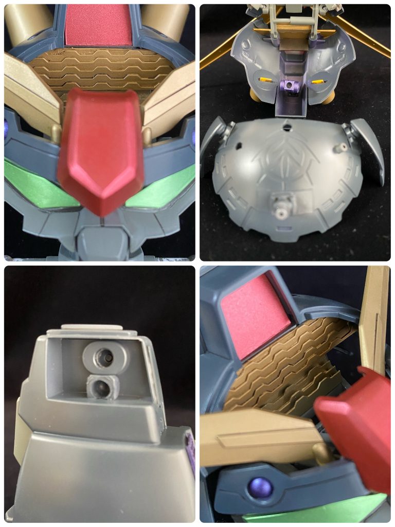 工作個所(顔・足)アンテナ裏:シイタケ(空洞間の補い)ヘッドカメラ:もともと何もなかったのでヘッドカメラ取付(取り外し可能)足接合部分:2個用意(立ち姿は上段、ガンダムフェイス時は下段)この位置付けでガンダムフェイス時の見た目が大幅に変わった