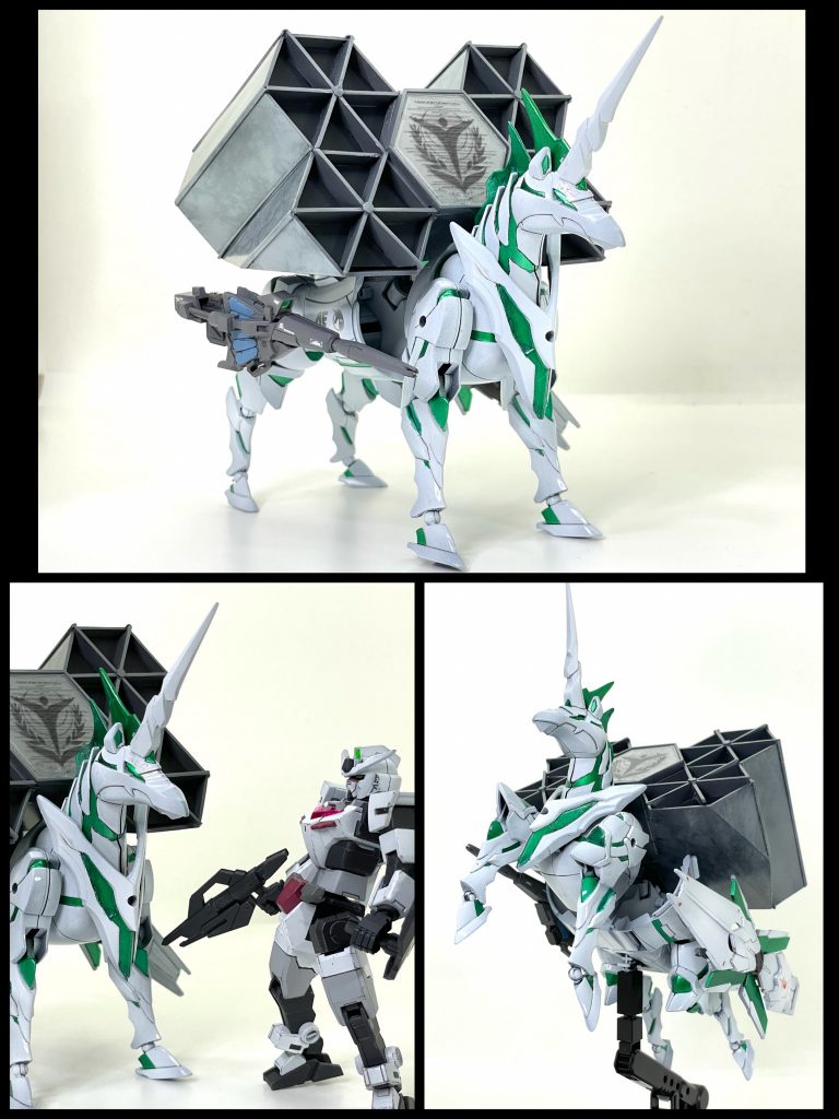 はい。今回の支援機枠はユニコーンGUNBAです。馬が箱背負ってやってきた🦄「ユニコーンGUNBA」は、アナハイムエレクトロニクスのエンジニアが余ったサイコフレームを使って、上司に内緒で作ったモビルホースである。見ての通り全身にサイコフレームが使用されている。サイコフレームから生じる謎の力場（サイコフィールド）を足場にスラスターを用いず宇宙空間を四脚で自由自在に駆け回る脅威のマシンである。という設定のガンプラである！