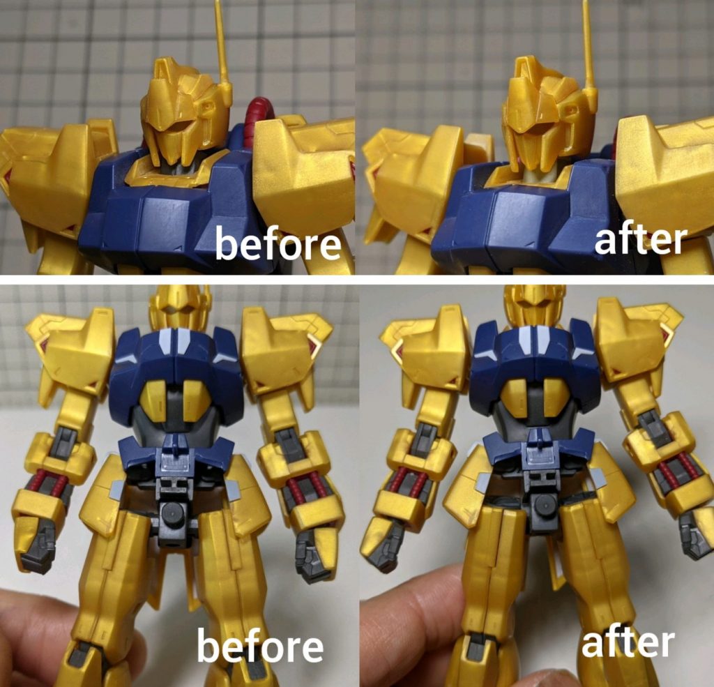 スタイル変更の加工についてです。やや詰まり気味だった首を約１ミリ延長。小さめの上半身に比べて開き気味の股関節を若干内側に詰めました。