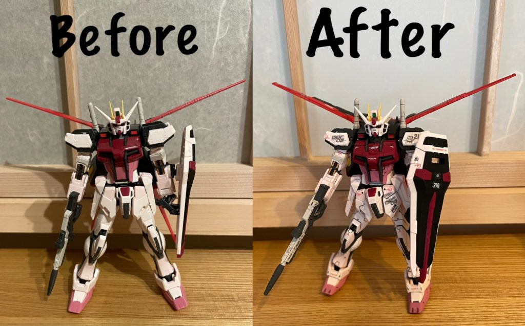 素組みとのビフォーアフター！デカールを大量に貼ったので、印象は結構変わったかなと思います😄