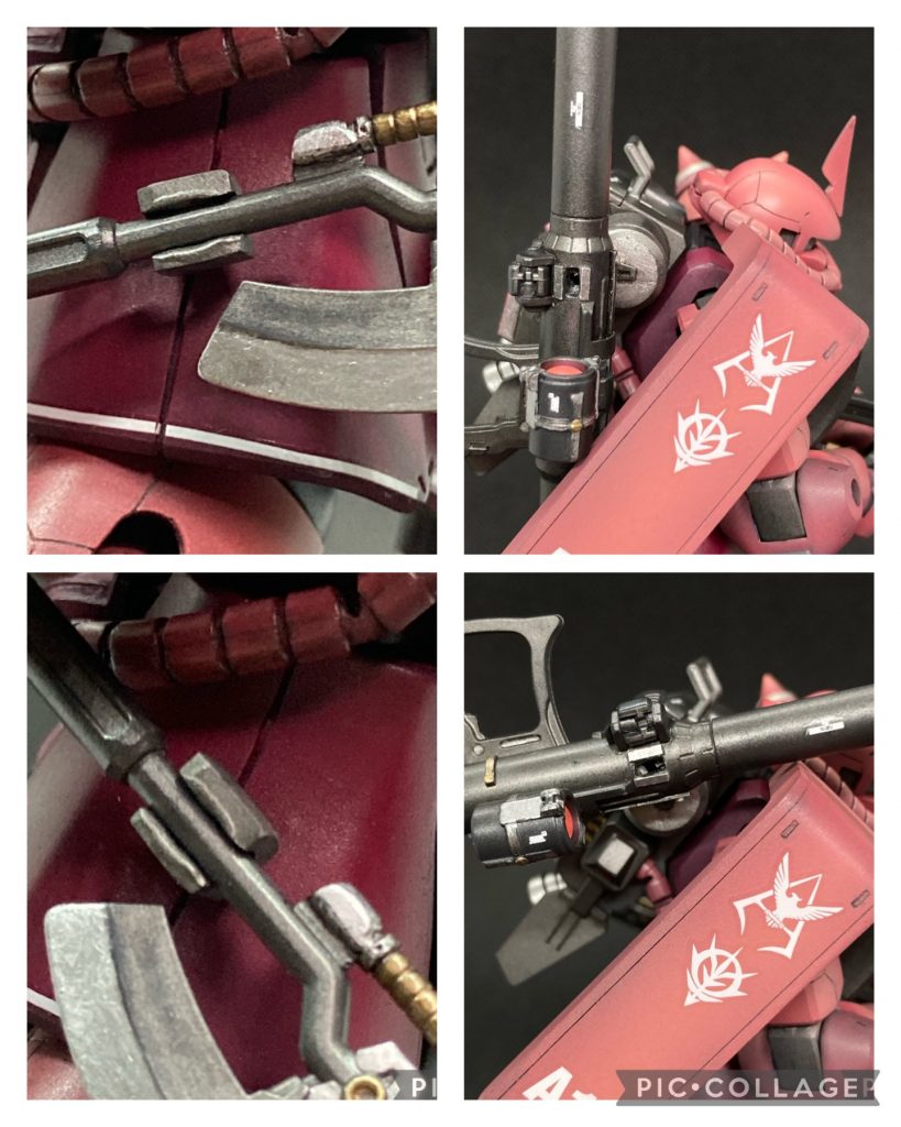 キットにはシールドに武器をごっそり装着するパーツが付属しているのですが、これが好みじゃなかったので、このパーツを切断バラバラにして加工。ランドセルのプロペラントタンクの左右にバズーカとマシンガン用のウェポンラッチを追加。ロール軸で腕に干渉しないように可動します。腰にはヒートホーク用のマウントパーツを追加。キットではダボを差し込んで固定だったので角度がつけられませんでしたが、このマウントパーツで調整できるようになりました。