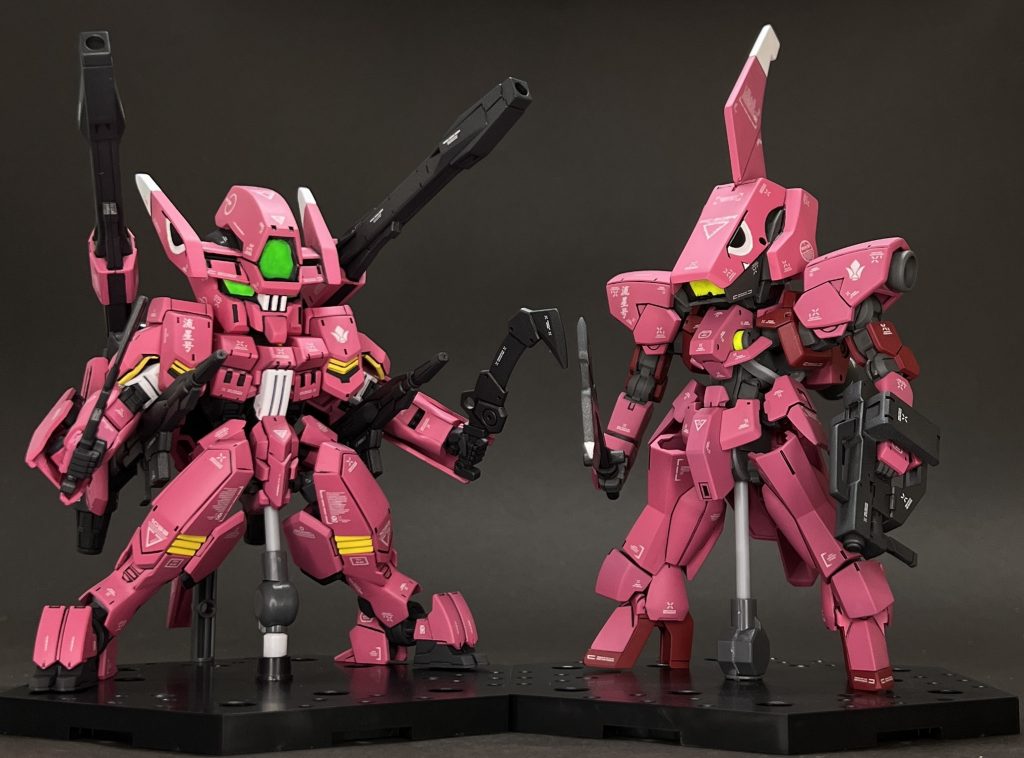 グレイズ改弐との写真ボディカラーはガイアカラーのブリリアントピンクを使っています、既存カラーだとこの色が整形色に1番近いと思います。