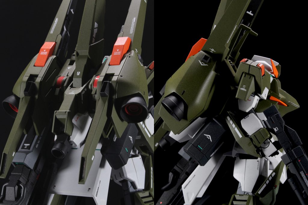 アップで撮ったものです。小さくて分かりづらいですが、バックパックにはwaveのバーニアパーツ等を付けている他、左右の大きいコーン型バーニアの内側には、シナンジュのバーニアを付けてディテールアップをしています!