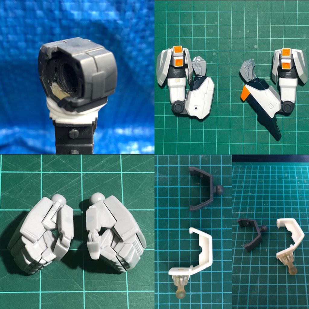 左上:大腿部4mm延長と可動軸追加右上:外装の構造を変更し肘可動域を拡大(左手before右手after)左下:MSハンド01の親指めり込み改修右下:シールドマウントのスクラッチ