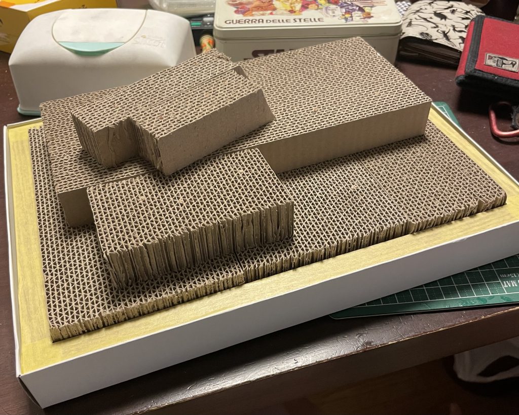 ジオラマの土台は段ボールの猫の爪とぎをカットして大まかな形に配置