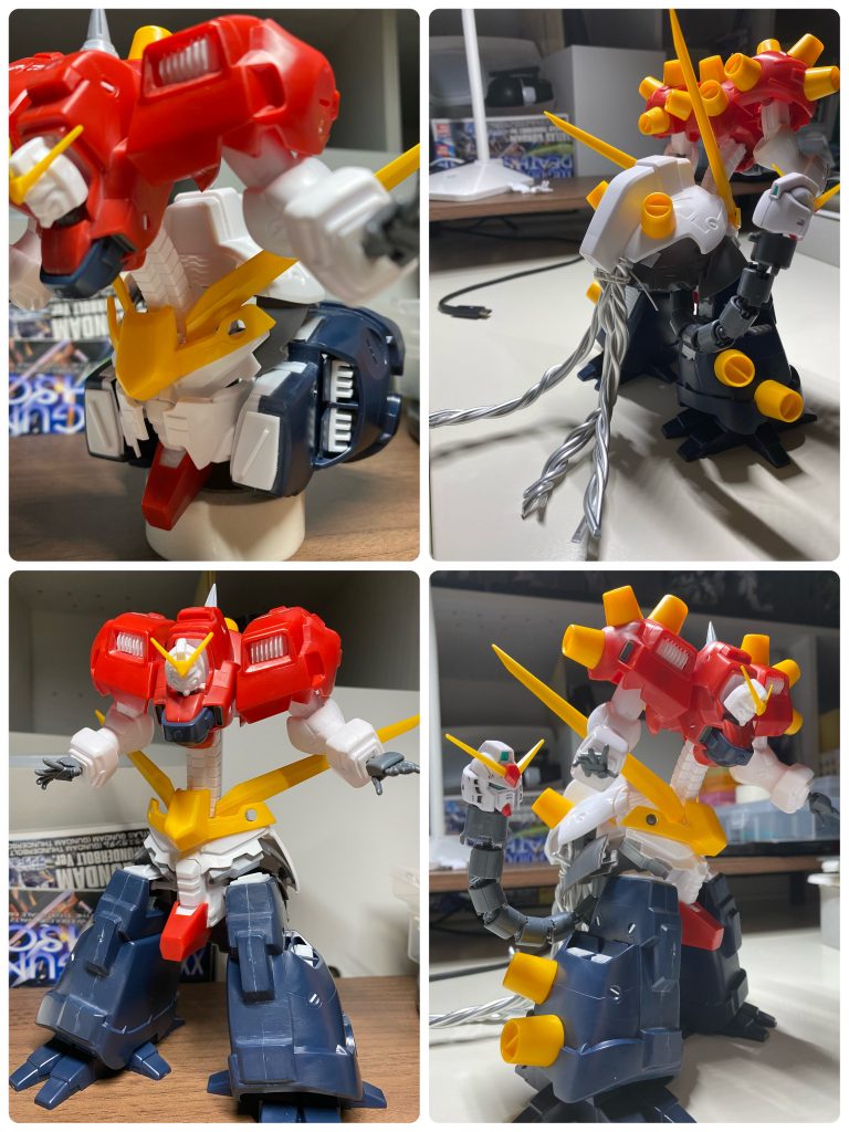 工作個所(上半身+α)肩の排気口大:穴あけ→シイタケ埋め込み肩の排気口小:市販パーツ取り付け首背面:プラバンでディテールアップ胸部:市販パーツ取り付け手:ビルダーパーツハンドに差し替え手首:穴が大きすぎるのでプラバンでふさぎつつ、上記ビルダーパーツの取り付け可能に微調整背中:スパイク取り付け談ダムフェイス:30mmパーツとガンダムクジのマーク2のヘッド(MGサイズですが違和感なし)下半身フェイス時の口:ほほ骨部分の形をプラバン付け足し&整形(特に角度がキッリとするように工作)