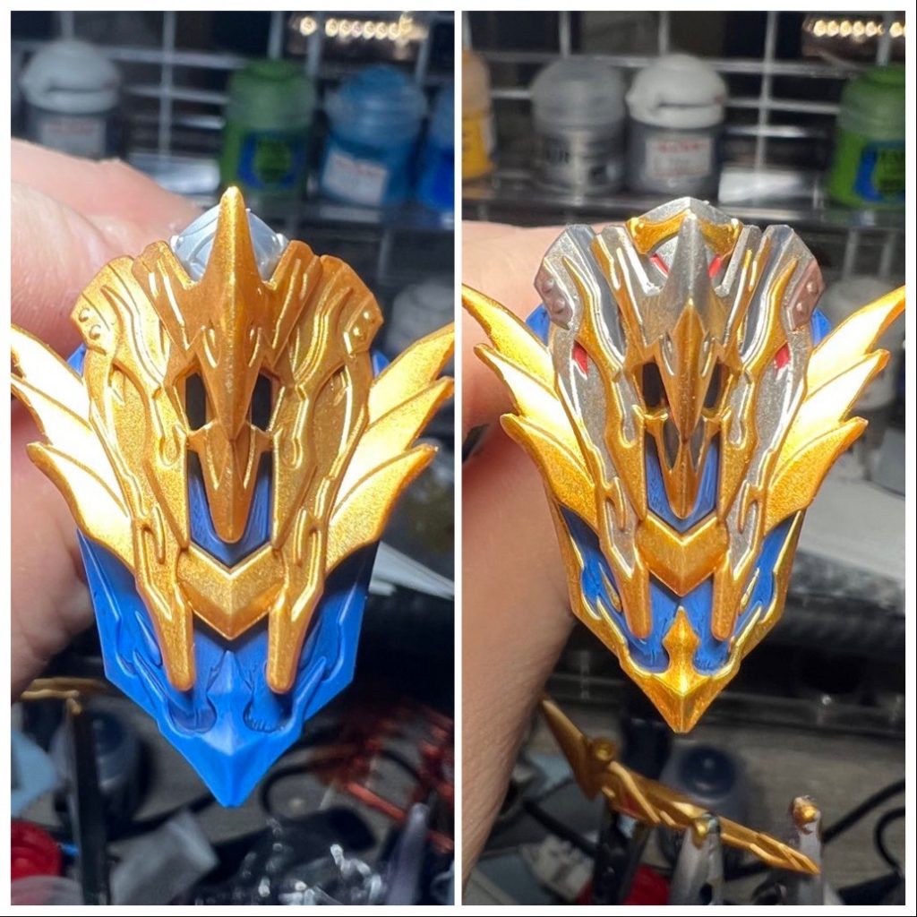フロントスカートの塗装前と後。既に金の部分は塗ってますが、SDWHシリーズは塗り分けるには辛い。正直エアブラシで塗装されてる方は、ほんとにすごいと思う。