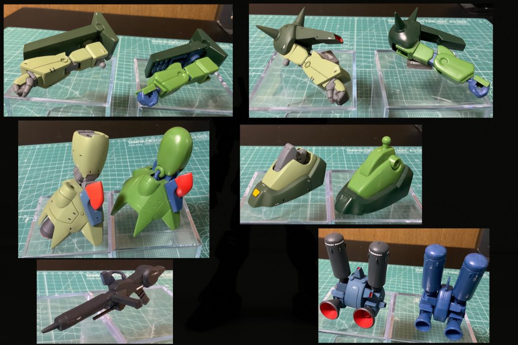 【腕部】上腕部は旧キットザクⅢのものを使用。右肩シールドは縦に大きく延長し、左肩ハイドロポンプは形状変更。握り手はロボマニ。【脚部】大腿部と内部フレームはMGザクⅡの物を形状変更し使用。【バックパック】3ブロックに分割後に中央部を幅増し。コトブキヤのダクト部品を形状変更したものをそれぞれのブロックに設置。
