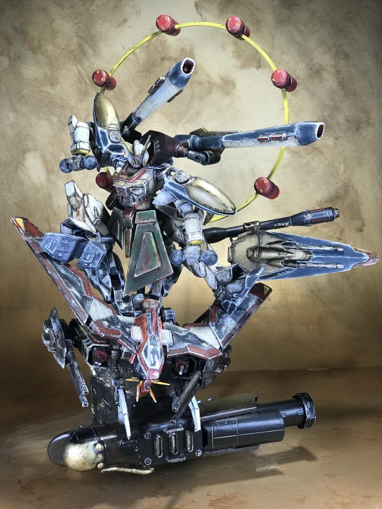 全体図雷神の下側の黒雲は、丁度レイダーが黒いしカラミティを乗っけて飛ぶのでアニメの設定に添えて良かったです。背景は前回と同じくプラ板に塗装したものになります。 