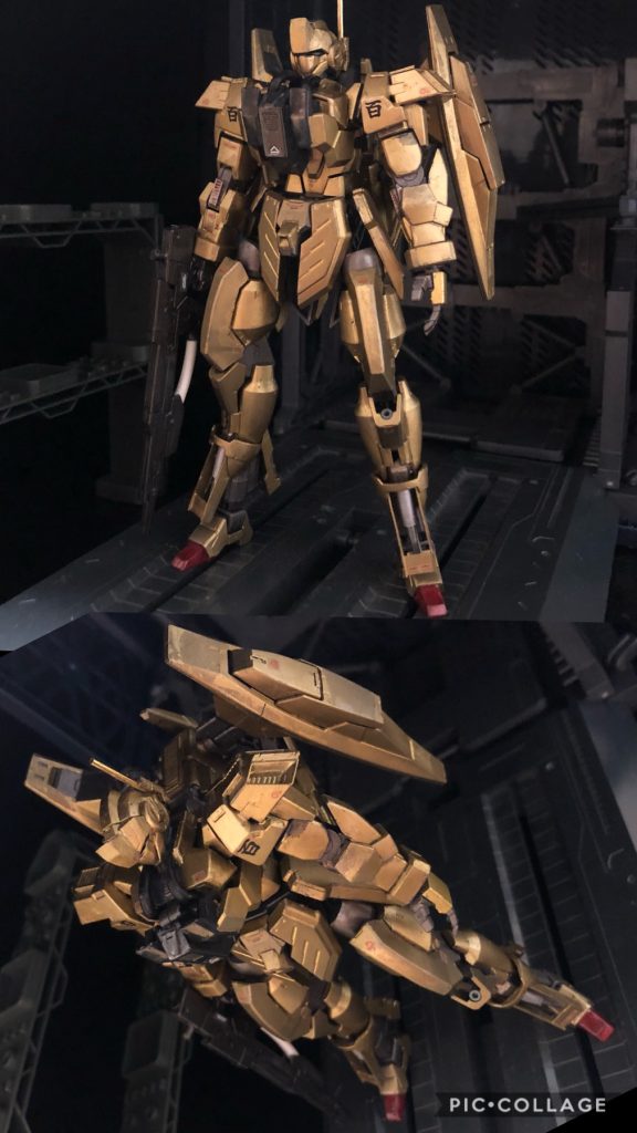 oyz「ハイ。」ウルフ「全然別モンになってるじゃねーか！！しかも色！！なんでわざわざ金色にしやがった！！」oyz「どおですかーっ！この機体は、名付けてGバウンサーtype100(ワンハンドレット)！！かの人気機体、“百式”をモチーフに改造してみましたあ〜っ！！」ウルフ「なんじゃそりゃあ！？」oyz「賢明な閲覧者の皆様はもちろんご存知でしょうから、“百式”の説明は省かせて頂きますっ！ガンダムAGEの機体は、それぞれ第１部は初代、第２部はZ、第３部はZZがモチーフになってるのはご存知ですよね！？」ウルフ「知るか！」oyz「という事は、AGEにおける百式ポジション、それがGバウンサー！！そして全体的に漂う百式感っ！コレは百式チャレンジするしかないっすよ！」ウルフ「おかしいだろーが！」oyz「まあ、世の中には同じ事を思った方もいらっしゃった様で、インターネット上では金色に塗ったGバウンサーもありました。でもなんと言いますか...ｺﾚｼﾞｬﾅｲ感が..！」ウルフ「何！？他にも金色で塗りやがった奴がいるだと！？」「そこで私は、色だけじゃなく、小改造して百式感を全面に出してみましたー。改造したのは、頭部、肩部、胸部、脛部です〜。で、今更ですが、ベースの機体はGサイフォスです〜。」ウルフ「何！？Gバウンサーがベースじゃねえのか！？騙しやがったのか！」oyz「まー、ベースのキットは同じですから。パーツもGサイフォスのが多かったので、そちらを購入して改造しました。」ウルフ「じゃあ俺のGバウンサーはどこにやったんだ！？」oyz「最初から無いですよ？」ウルフ「は？」oyz「模型屋さんにも売ってませんでしたし。」ウルフ「どういう事だよ！？」oyz「まーその話は置いておいて、とりあえずは改造の内容を説明しますね。」