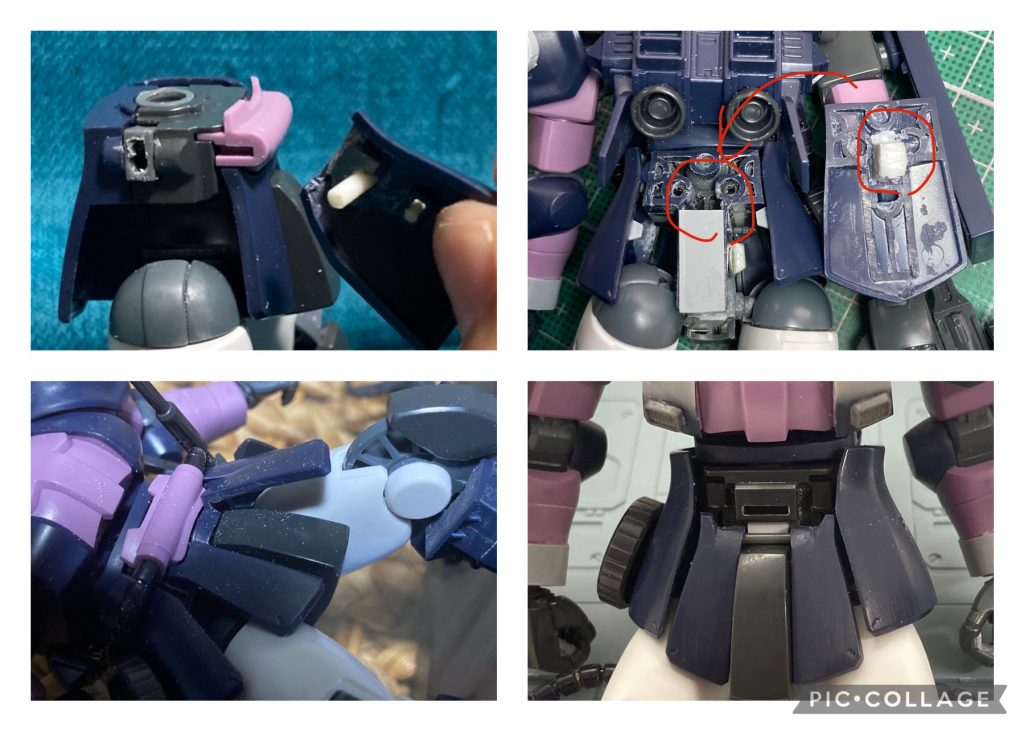 サイドアーマーを前後にスイングさせるために角ダボを丸軸に変更。フロントアーマーは分割して左右独立して可動するようにしました。しかしこれだけでは太ももを上げた時、写真のようにやたらと隙間ができるので、可動軸を1.5mm径のランナーで新造し、軸の位置を下に移動させ、なるべく太ももに密着して可動するようにしました。