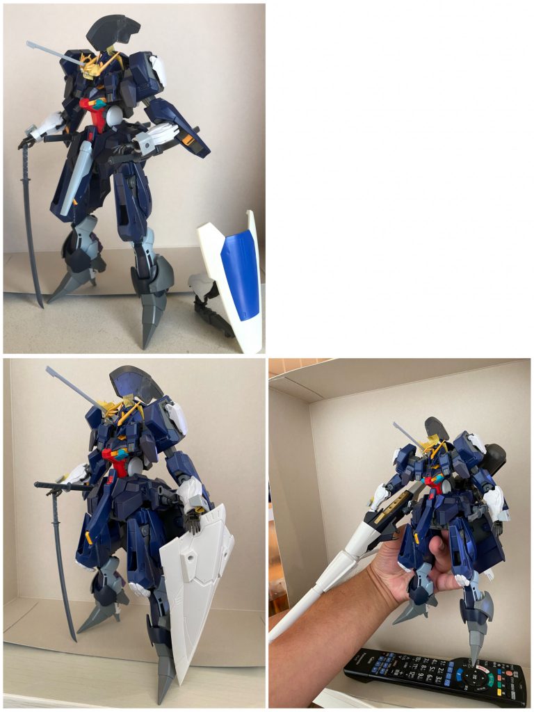 [制作の流れ]初期案ではMGのゼフィランサスのシールドを盾として使用していましたが、どうしても小さく、イメージと合わなかったため、コトブキヤのランサーから盾を拝借いたしました。そして、せっかくランサーを使うなら、そしてLEDに寄せるなら、これは作らにゃならんだろう！とフレイムランチャー装備も製作することに😌しかしこの後、塗装の失敗や、パーツの破損によりいくつかのパーツを作り直さなければならなくなり、一部設計変更の上、今の形に至ることになります。