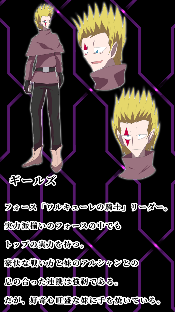 使用者ダイバーネーム「ギールズ」フォース「ワルキューレの騎手」を率いる実力派のダイバーが集まる中でも実力がトップでありフォースリーダー。片目にひし形の刺青があり一見不良のように見えるが人当たりがよく冷静で物静かな性格、だが戦い方は豪快で愛機のヘルムヴィーゲ·リターンブラッドを操り戦う姿に「返り血の騎士」と呼ばれている。アルシャンという妹がいるが好奇心旺盛なせいで毎回手を焼いているのが悩み。