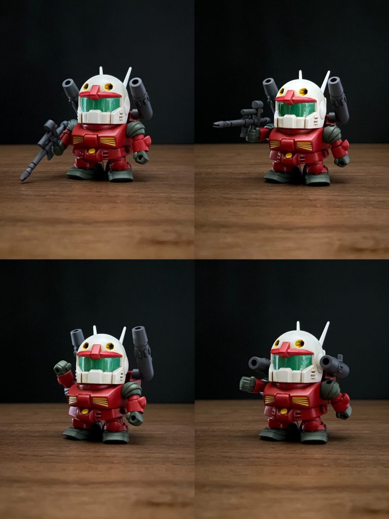 BB戦士初期のガンキャノンを作成しました。バイザーはクリアパーツで内部構造が見えるようになっていましたが、やすりで磨いていたら割れそうだったので、シルバー+クリアグリーンで塗装して仕上げました。