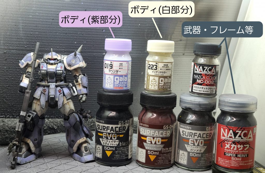 基本カラーはガイアノーツさんのもので。調色はせずに気楽に吹きました。※その後の汚しには各社塗料を使っています