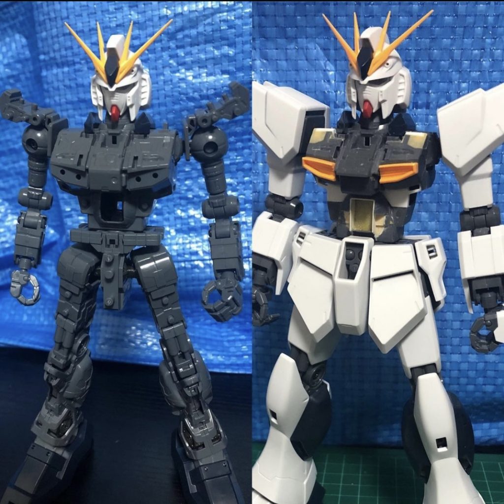 胴体の改修(左before 右after)垂れ乳、腹部寸詰り、異常な肩幅を改善胸部上方へ4mm移動(全高変化無し)、胸部前後-3mm、幅-4mmバラバラに切り刻んで再接着してます、途中元に戻らないじゃ無いかと心配になりましたが何とかなりました