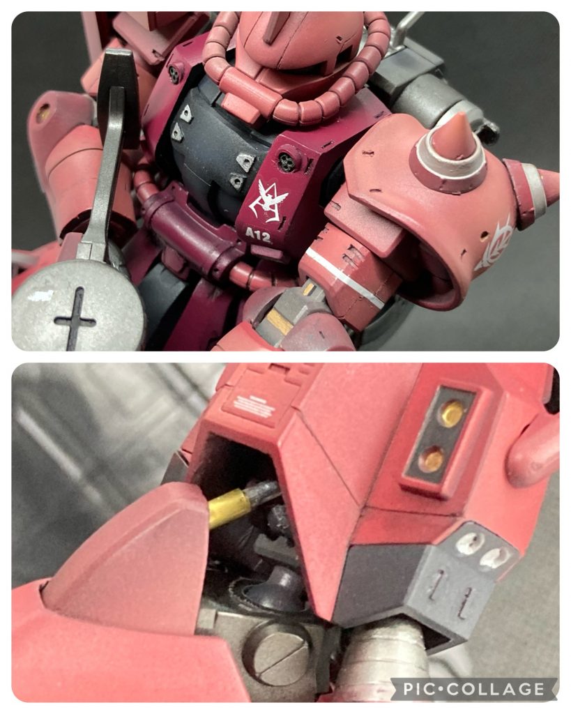 スパイクはビルダーズパーツを使用。胸のバルカンは、プラ材で自作（後述）。足首には真鍮パイプとアルミ棒でシリンダーを追加。