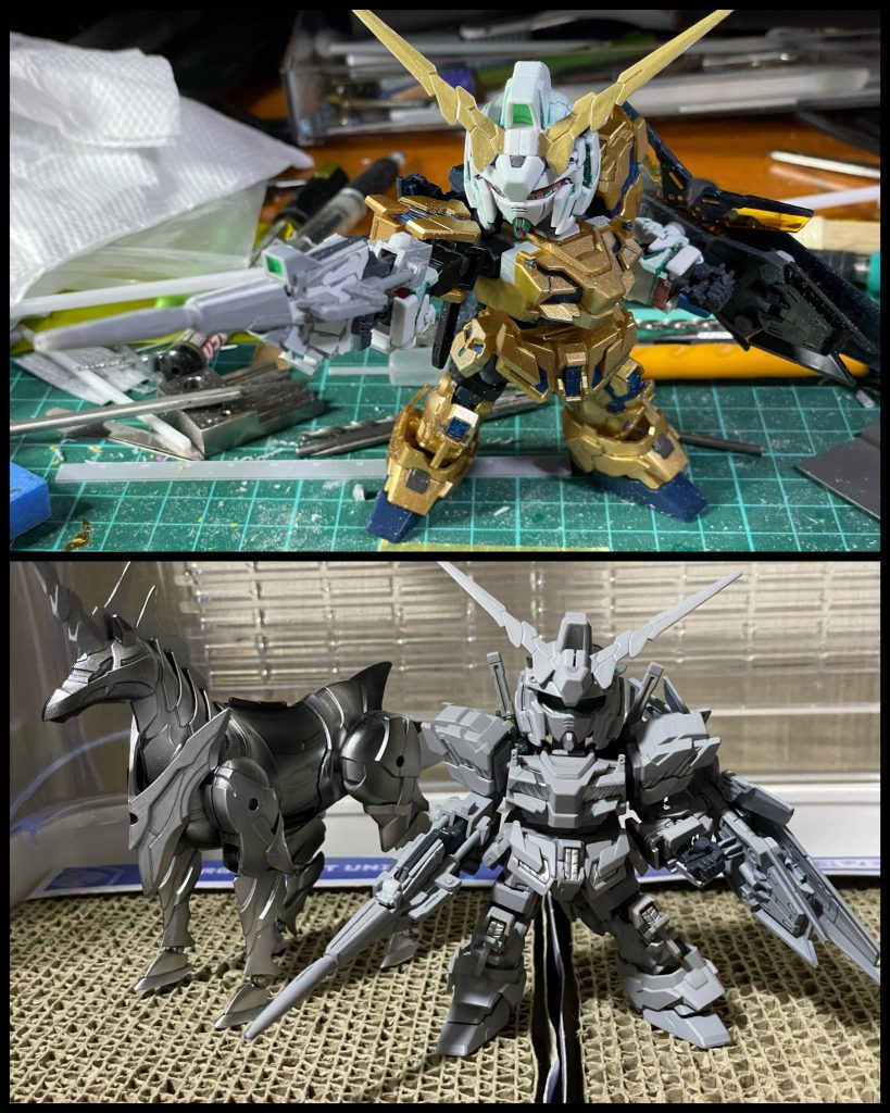 塗装前とサフ状態（馬とサイコフレームは銀）です。SDユニコァンのパーツは頭、前腕、腰前: SDEXユニコーンシールド: HGUCバンシィノルンの余剰パーツビームマグナム: プラ板等でスクラッチそれ以外: SDCSフェネクスとなってます。フロントアーマーは写真ではSDCSフェネクスですが、後でSDEXの方に変えました。SDCSよりSDEXの方が長くて見栄えが良かったので（ただし要マスキング）フェネクスは過去作の再利用。龍尊劉備にすでにアームドアーマーDEを奪い取られた状態だったので供養と言ってもいい🤣