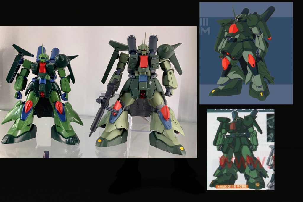 原作設定画(ガンダム ZZとガンダム UC)を工作の参考にしました。hgザクⅢ改をベースに旧キットザクⅢ、hgザクⅡF2型、MGザクⅡ(ver.2)のパーツをイメージに合う様流用しました。