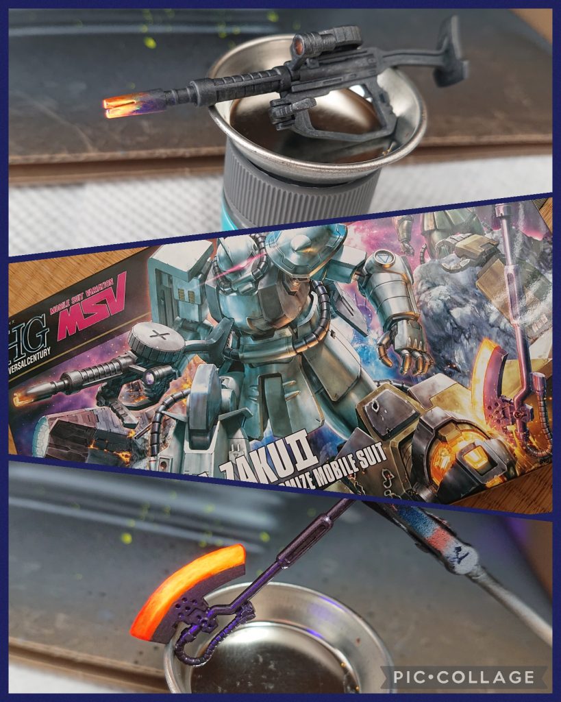 ザクマシンガンとヒートホークは箱絵のイメージを参照しながらアクリジョン蛍光カラー複数色を筆塗りしてそれっぽくしてみました。